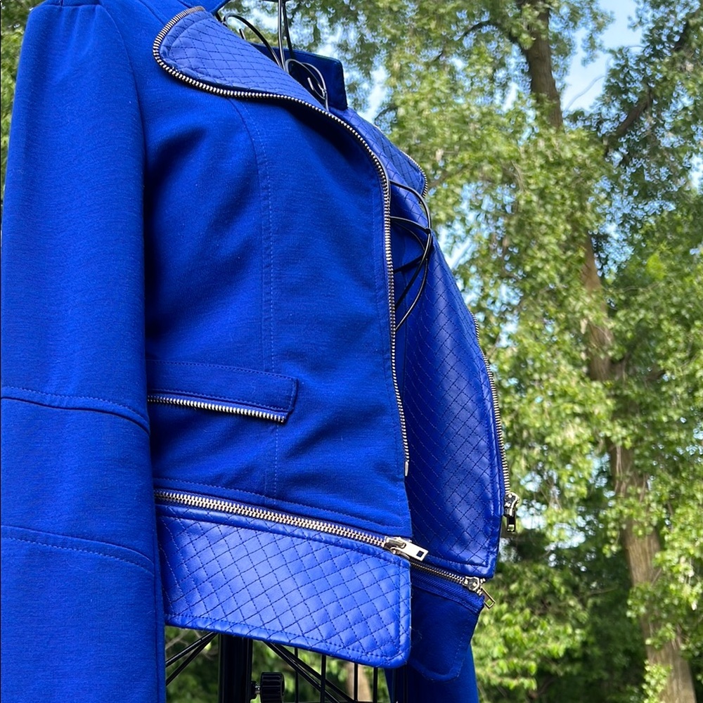 Cute Vintage Biker Retro Bold Blue Blazer with High Collar Slim Fit Faux Leather - Picture 12 of 16